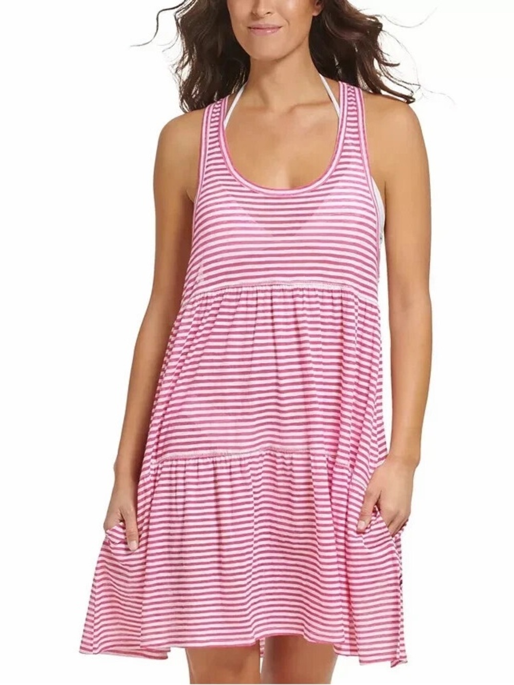 Tommy Hilfiger Pink and White Striped Racerback Swim Cover-Up